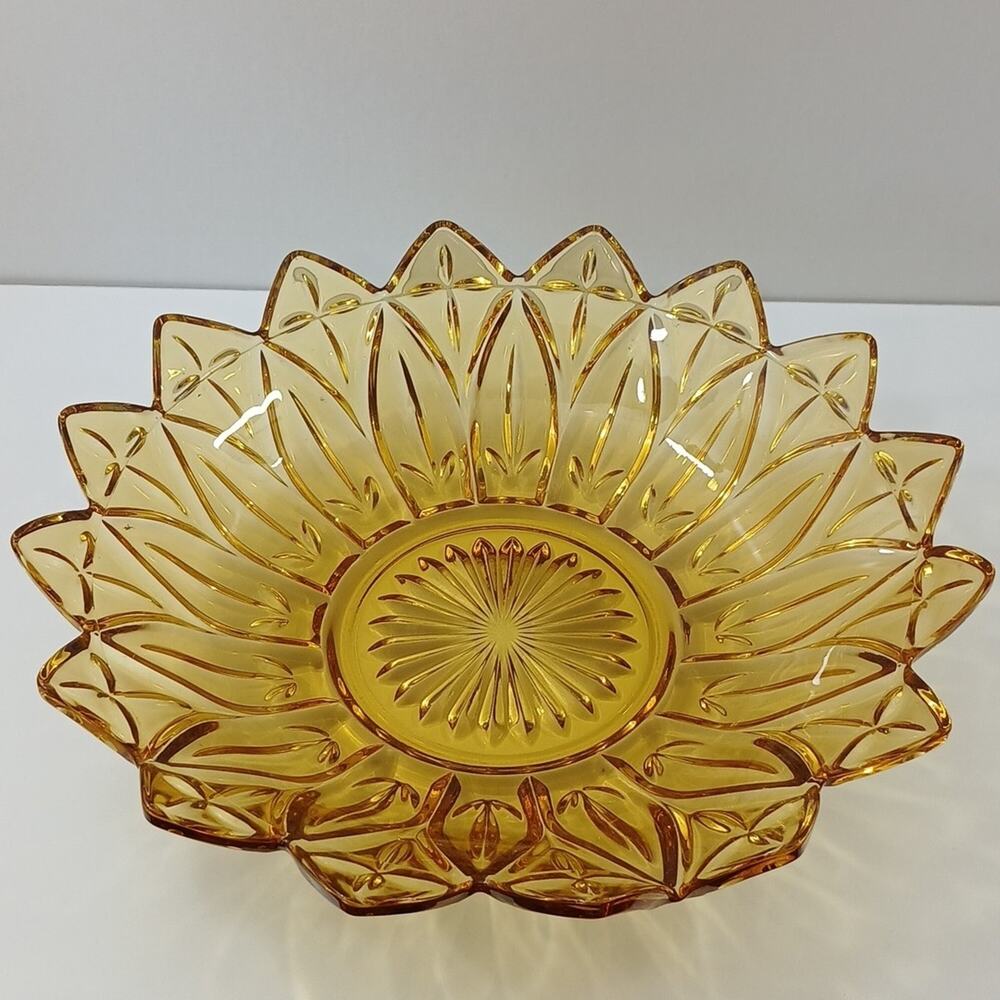 Vintage Federal Glass Flower Sunflower Petal Bowl Large Yellow Amber - Picture 15 of 16